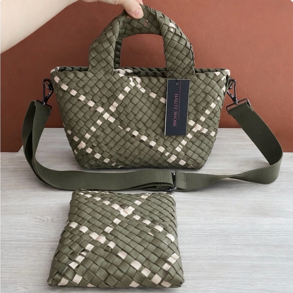 NWT HAUTE SHORE Olive and Beige Woven 2 Bag Set Retail $160.00